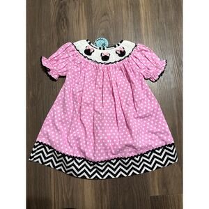 Babeeni Smocked Dress Baby Girl 6M Pink‎ Polka Dot Chevron Mouse Embroidered